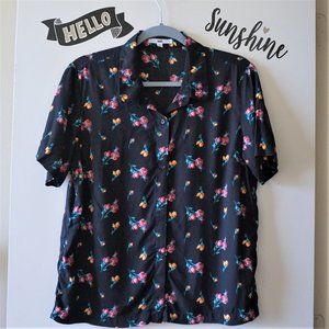 Vans Retro Floral Print Black Button Down Shirt L